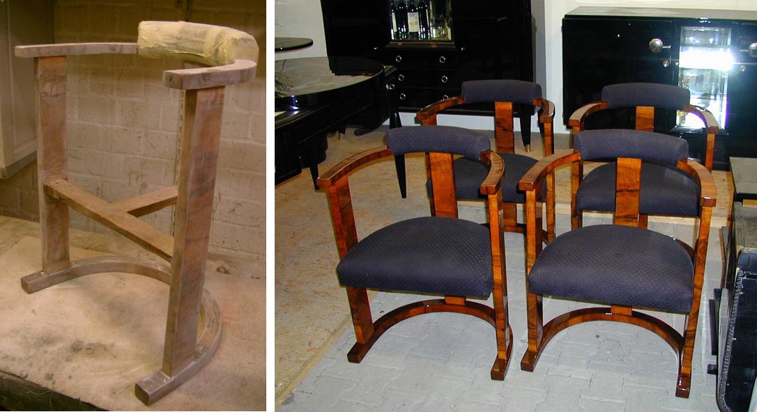 Stuhl mit starken Furnierschäden während der Bearbeitung (links);  Stuhl fertig restauriert in hochglanz (rechts)